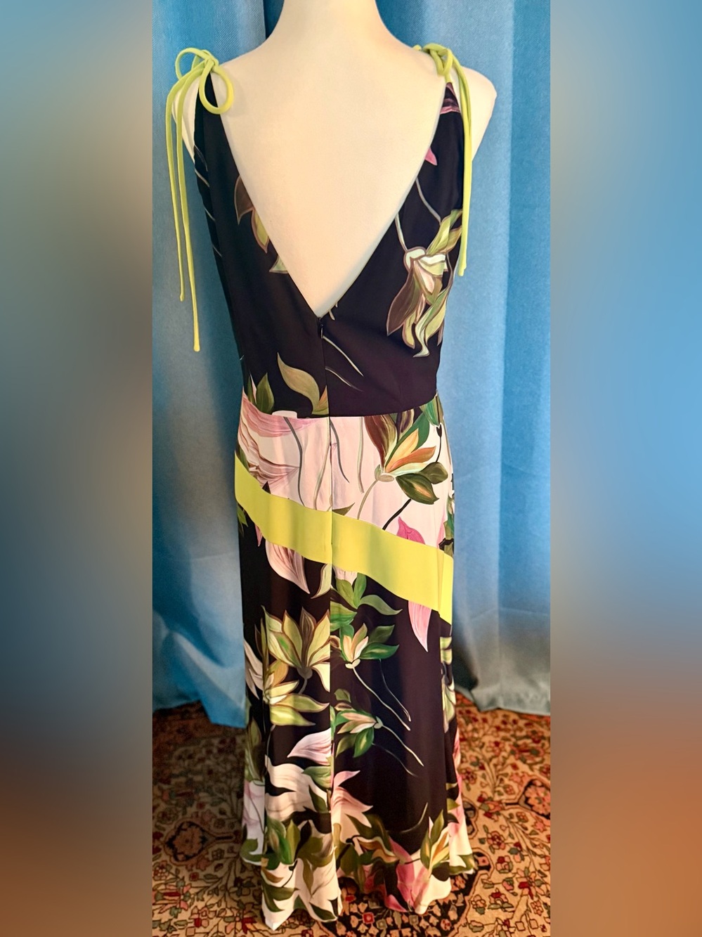 Christian Siriano Black Tropical Maxi Dress w/ Neon Green Accent & Shoulder Ties - Picture 2 of 5